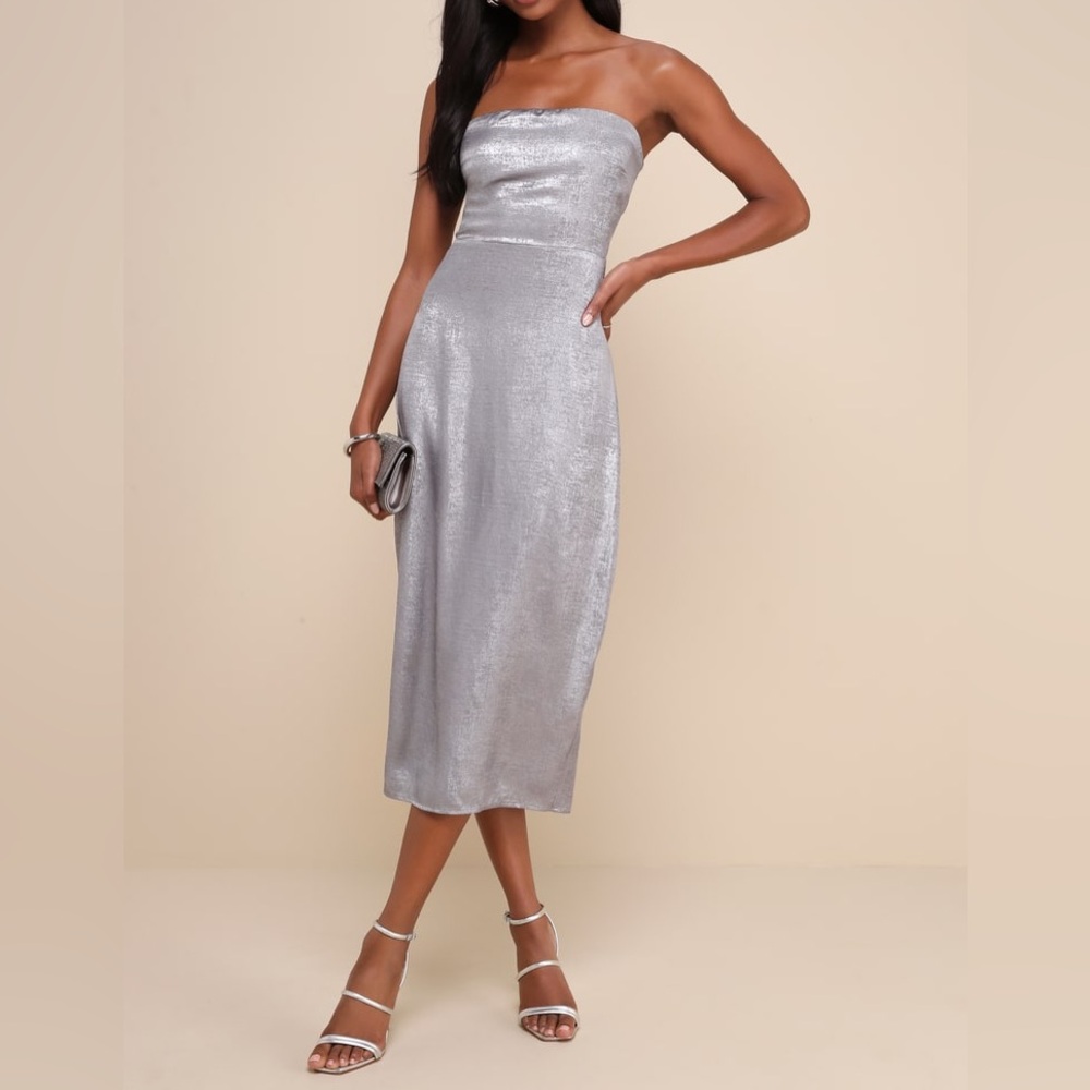 Shiny Silver Metallic Strapless Midi Dress
